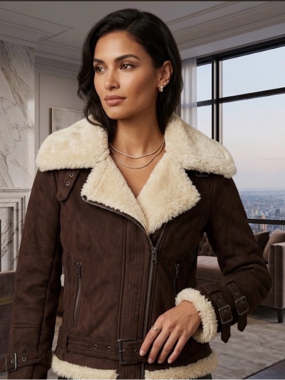Vtg Y2K Express Faux Suede Shearling Aviator Jacket Brown Sherpa Moto Coat S